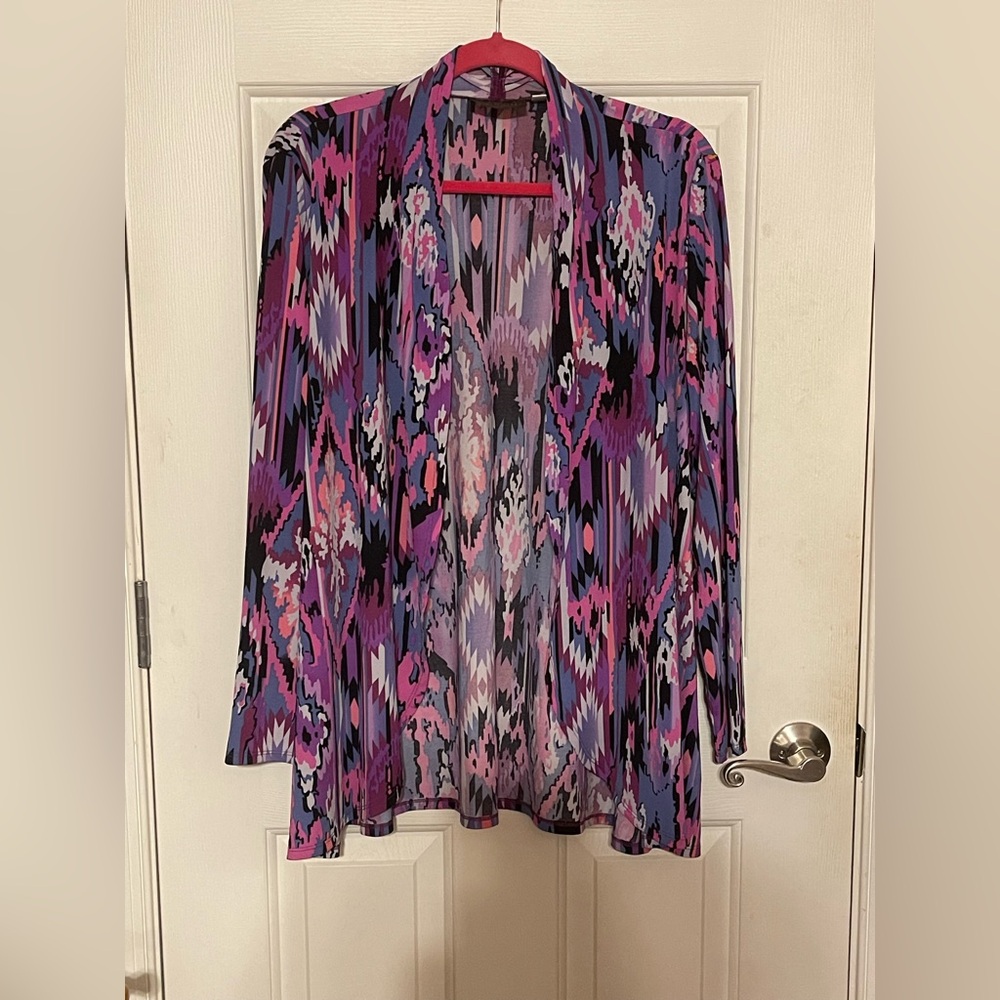 Bob Mackie Purple Multi Print Drape Front Knit Cardigan size 1XL